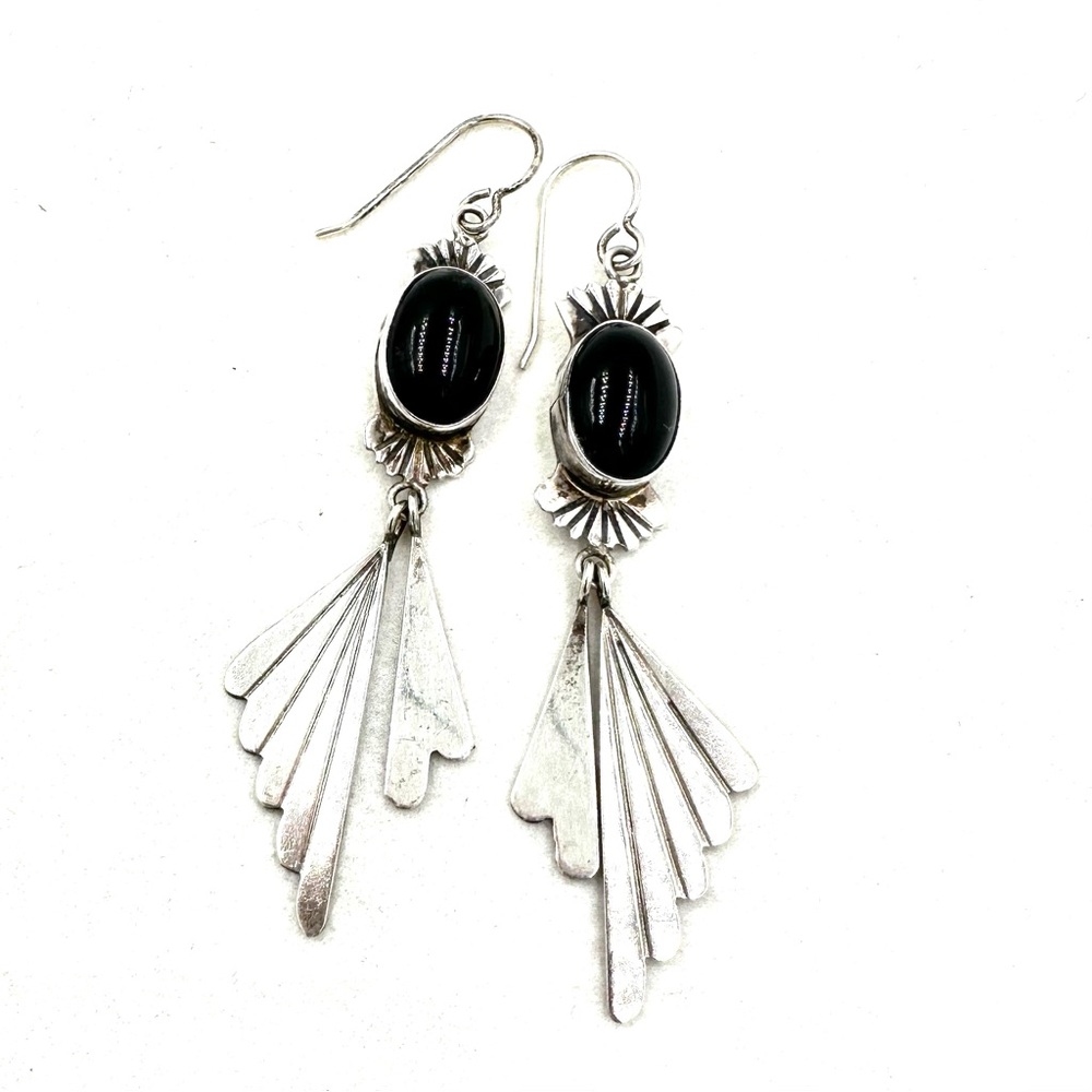 Vintage Sterling Silver Onyx Stone Drop Dangle Earrings